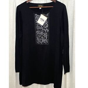 Bob Mackie 1X Black Embroidered Beaded Tunic Top Wearable Art NWT